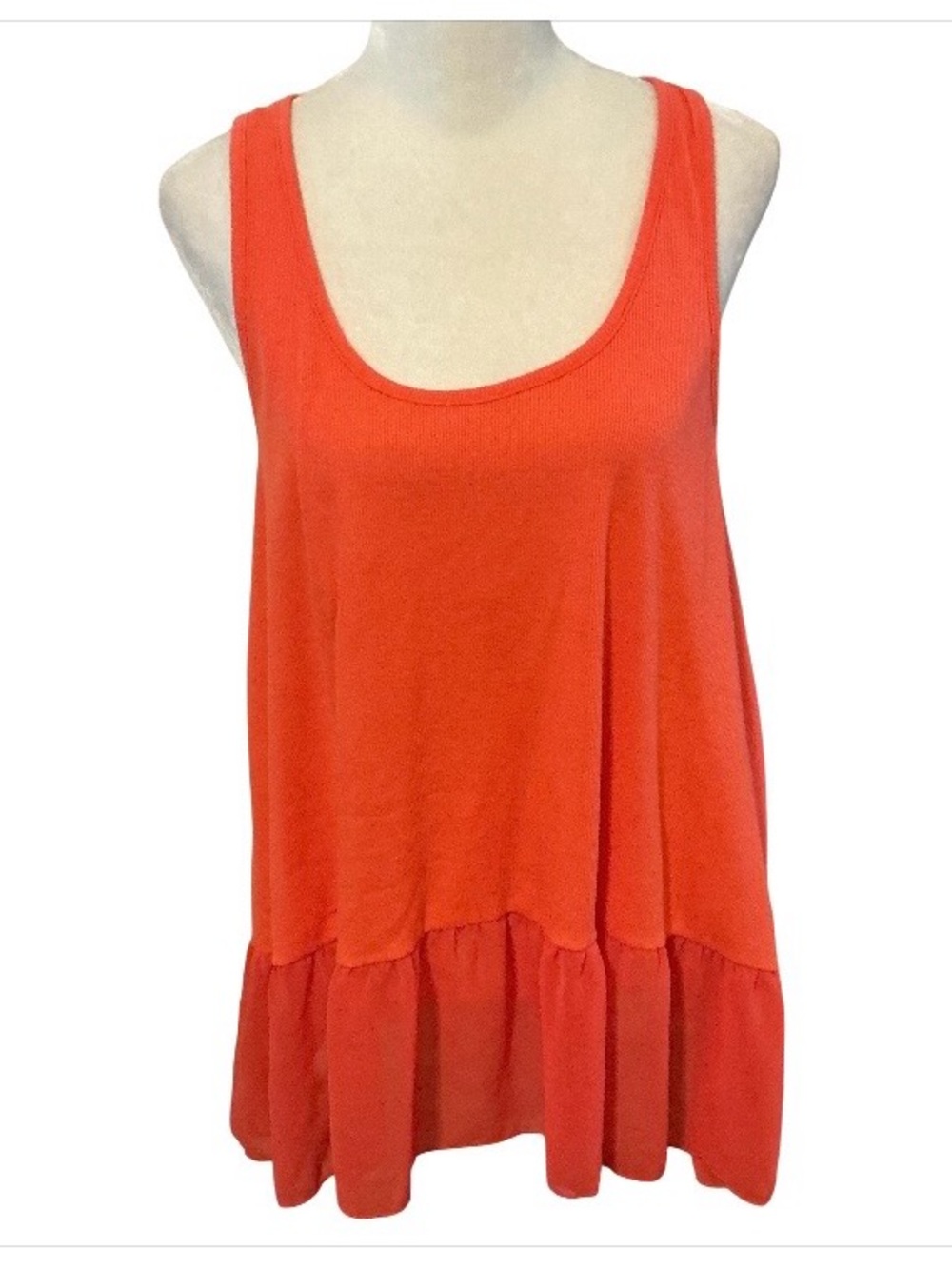 Umgee Coral Orange Ribbed Ruffle Hem Tank Top Size Large Sleeveless Boho